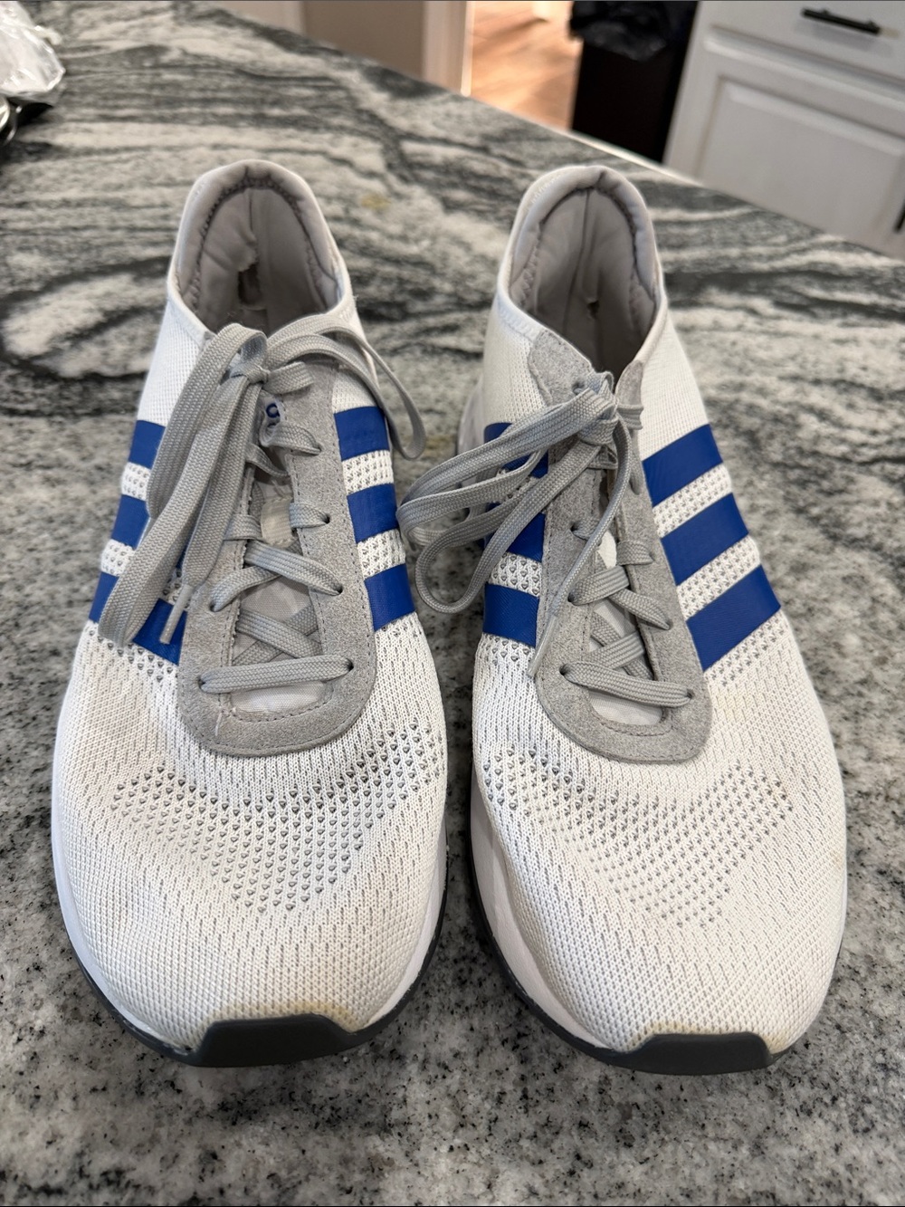 adidas White Knit Sneakers with Blue Stripes